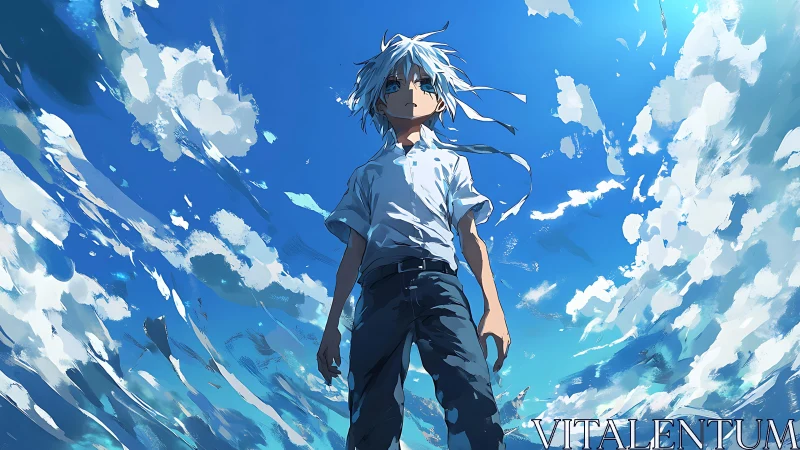 Boy stands beneath sweeping sky in vivid anime style.