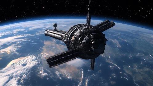 Orbital citadel drifts above Earth in luminous starlit silence.