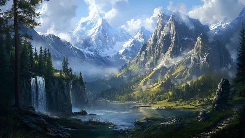 Panoramic alpine valley with glacial peaks, lake and waterfall