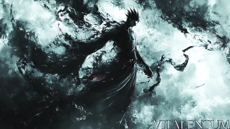 Dark humanoid figure emerges from swirling abstract smoke