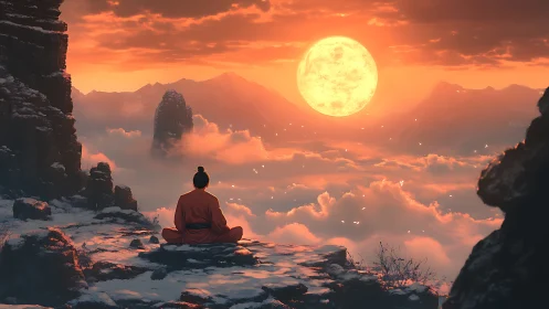 Solitary figure meditating above clouds at fiery sunset.