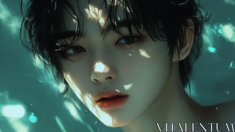 Ethereal portrait captures wet luminous face in teal water.