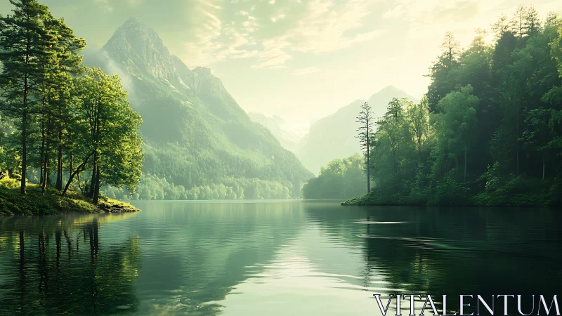 Serene mountain lake with dense green forest reflections.