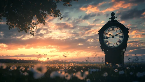 Twilight field clock pausing daylight in drifting petals.