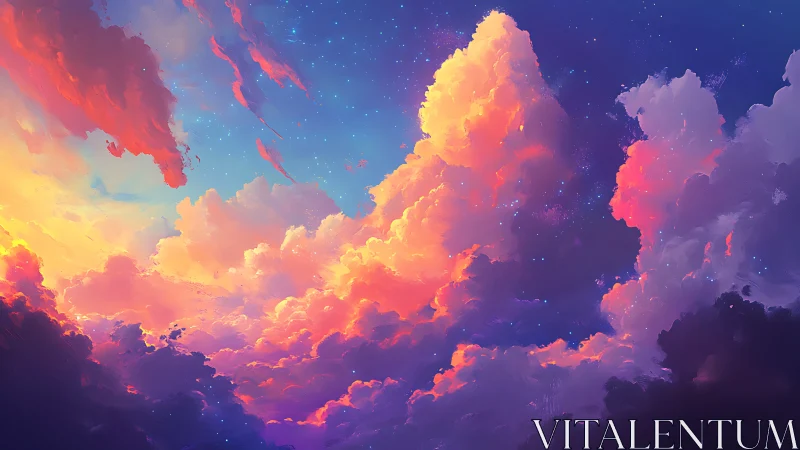 Digital sky study depicts luminous clouds against starfield