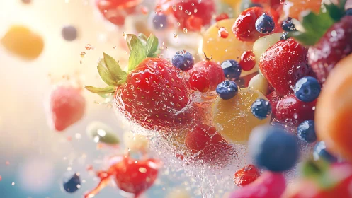 Fresh mixed berries and fruit slices in splashing water.