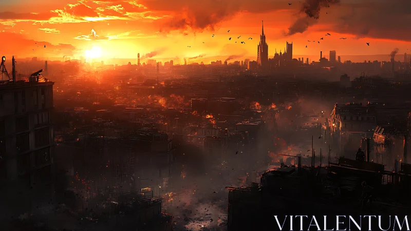 Sunset over a smoldering city, where ruins meet skyfire.