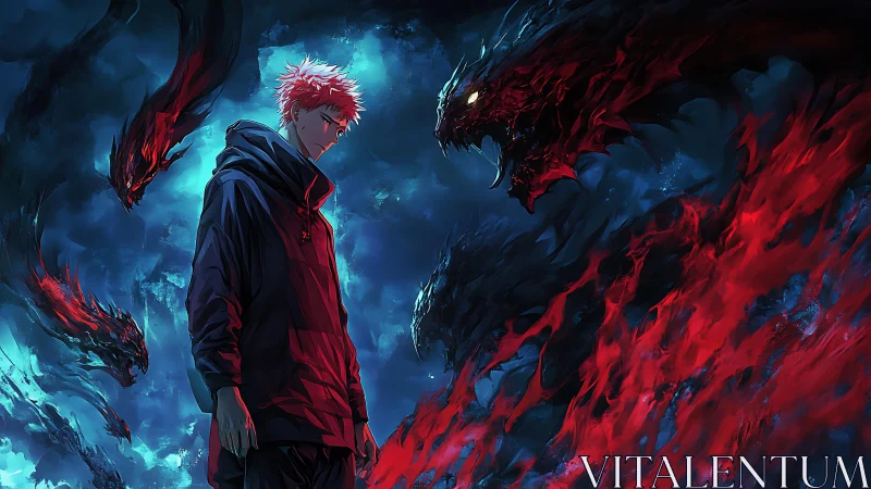 Red‑haired anime warrior confronts flaming shadow beasts