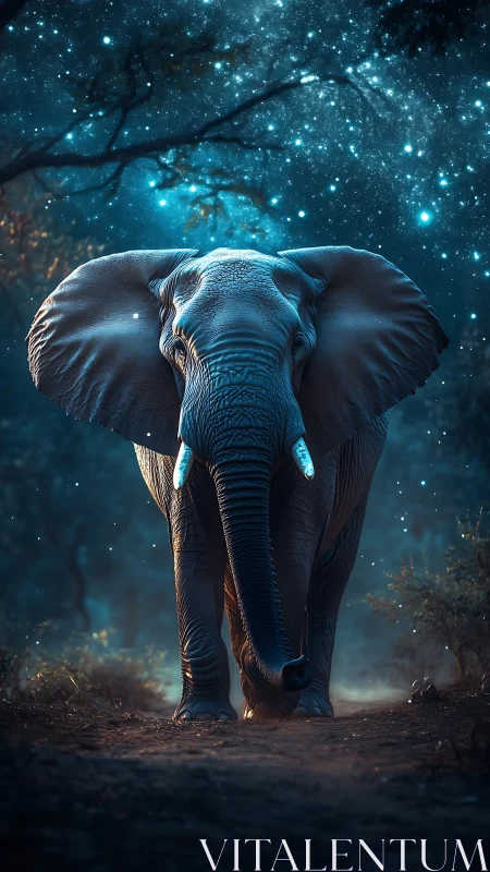 Majestic elephant strides beneath a dazzling starry sky.