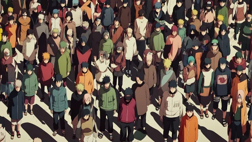Large crowd of stylized anime characters in rows.