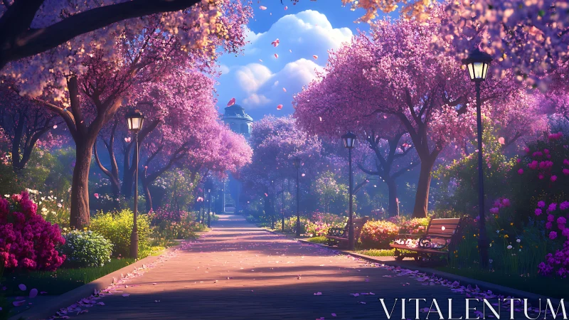 Spring garden promenade under luminous cherry blossoms.