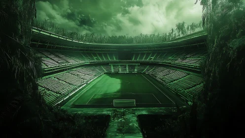 Silent jungle stadium where nature reclaims the matchday crowd.