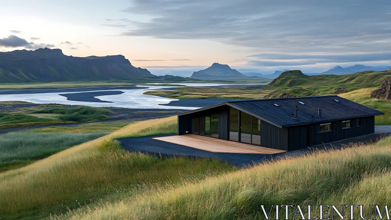 Modern black house on grassy hillside beside winding river.