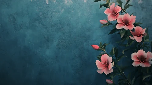 Digital Floral Composition: Pink Hibiscus Against Weathered Teal Textured Background Surface