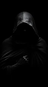 Mysterious hooded figure wrapped in deep shadowed silence.