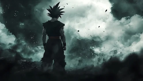 Lone anime warrior confronts a storm of smoke and light