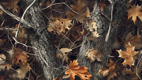 Leaf-littered bark quietly rehearses the choreography of fall