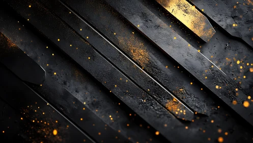 Golden sparks dance across textured black metal ribbons