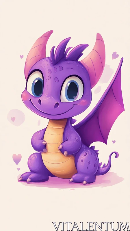 Purple cartoon dragon character on light pastel background.