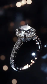 High-clarity diamond ring is photographed against dark background