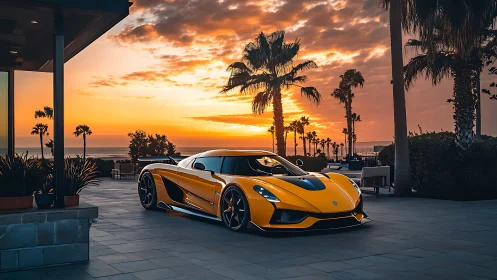 Aerodynamic hypercar under coastal sunset luminance study.