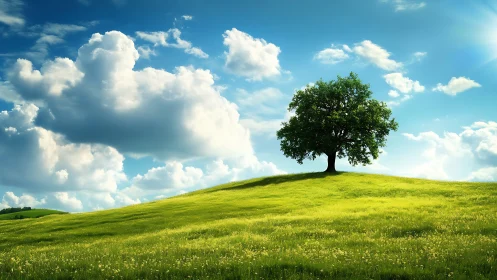 Lone Tree on Sunny Hilltop in Vibrant Landscape Photography.