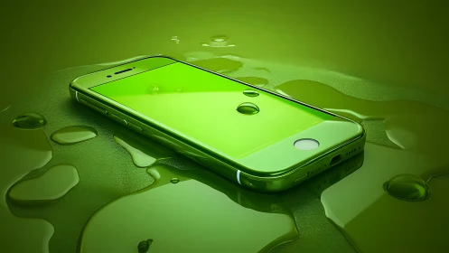 Glossy green smartphone drifts across reflective liquid surface.