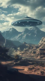 Hypersonic disc craft over arid extraterritorial canyonscape.