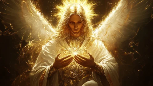 Radiant golden archangel holding luminous heart of light.