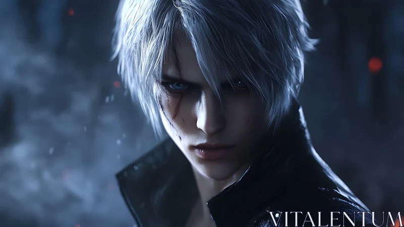 White haired male character in dark atmospheric setting.