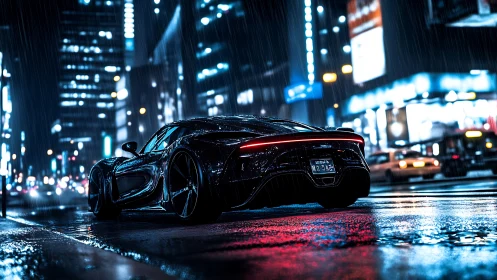 Hypercar under neon rain ignites cinematic urban velocity