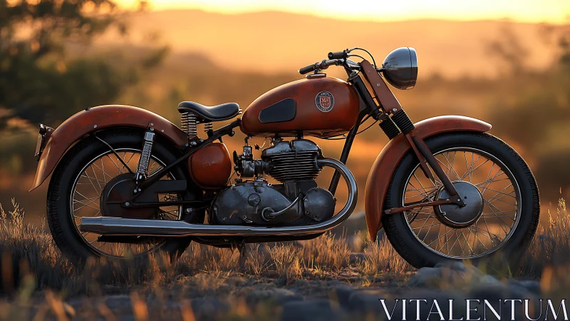 Vintage rust-orange motorcycle at golden hour field.