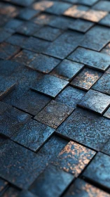 Gentle copper light glows across layered blue metal tiles.
