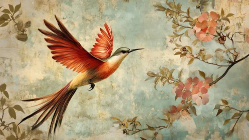 Long-tailed bird approaches flowering branch on textured field