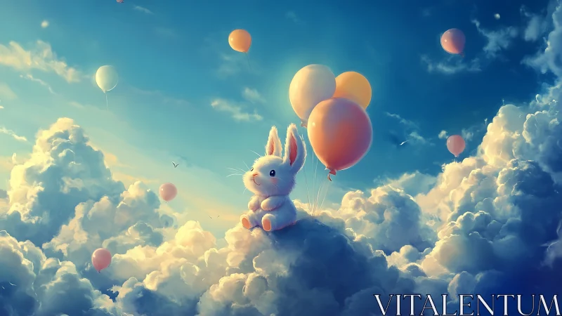 Small white rabbit on cloud with pastel balloons in sky.