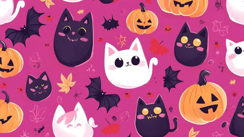 Halloween-Themed Vector Illustration with Anthropomorphic Cats on Vibrant Magenta Background