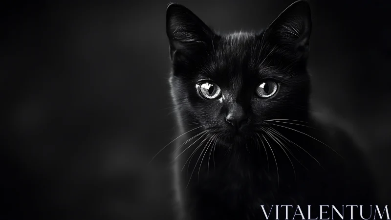 Black cat head photographed against dark background with frontal lighting.