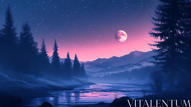 Enchanted moonlit river under a violet twilight sky.