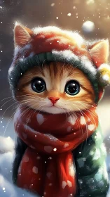 Digital illustration of orange tabby cat wearing festive red and green holiday clothing with snow