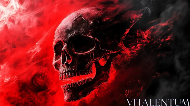 Red fiery skull emerging from swirling dark smoke.