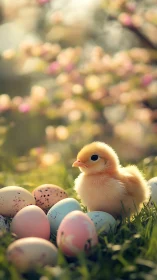 Backlit spring chick among pastel speckled eggs in grass