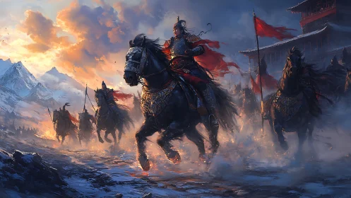 Storming cavalry under crimson banners at winter fortress.