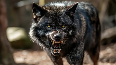 Snarling black wolf lunging forward in sharp close-up detail.