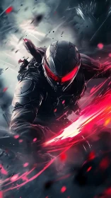 Armored cyber-assassin lunges forward through neon particle storm