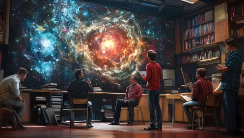 Researchers observe projected nebula in academic library lab.