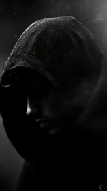 Moody side profile of hooded man in dramatic low light.