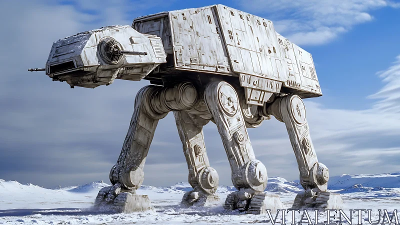 Massive four-legged sci fi walker crossing icy landscape.