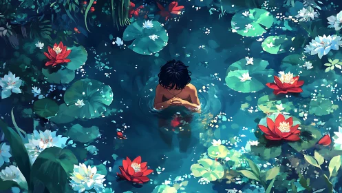 Child standing in lily pond surrounded by red lotuses.