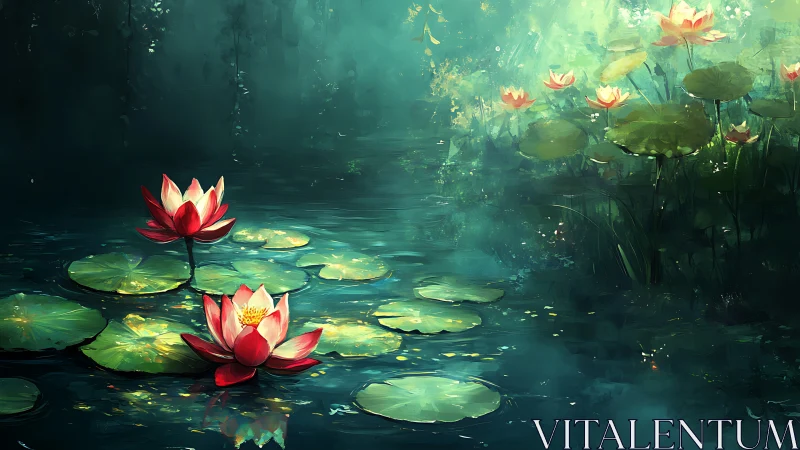 Tranquil lily pond glowing with soft, dreamlike color.