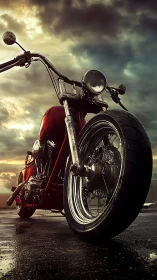 Low-angle red custom chopper under storm-lit dramatic sky.
